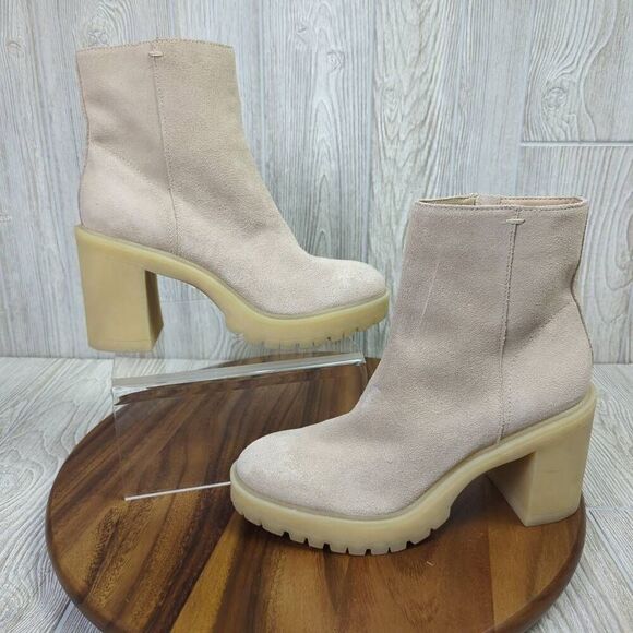 Dolce Vita Tan Chunky Heel Boots Womens 9.5 Dune Chelsea Boots Zip Closure - Picture 1 of 11